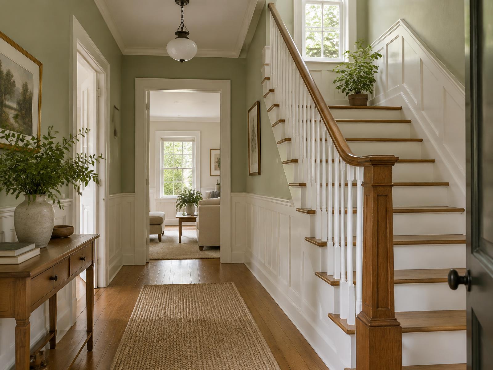 Sunlit hallway and staircase in a well-kept family home