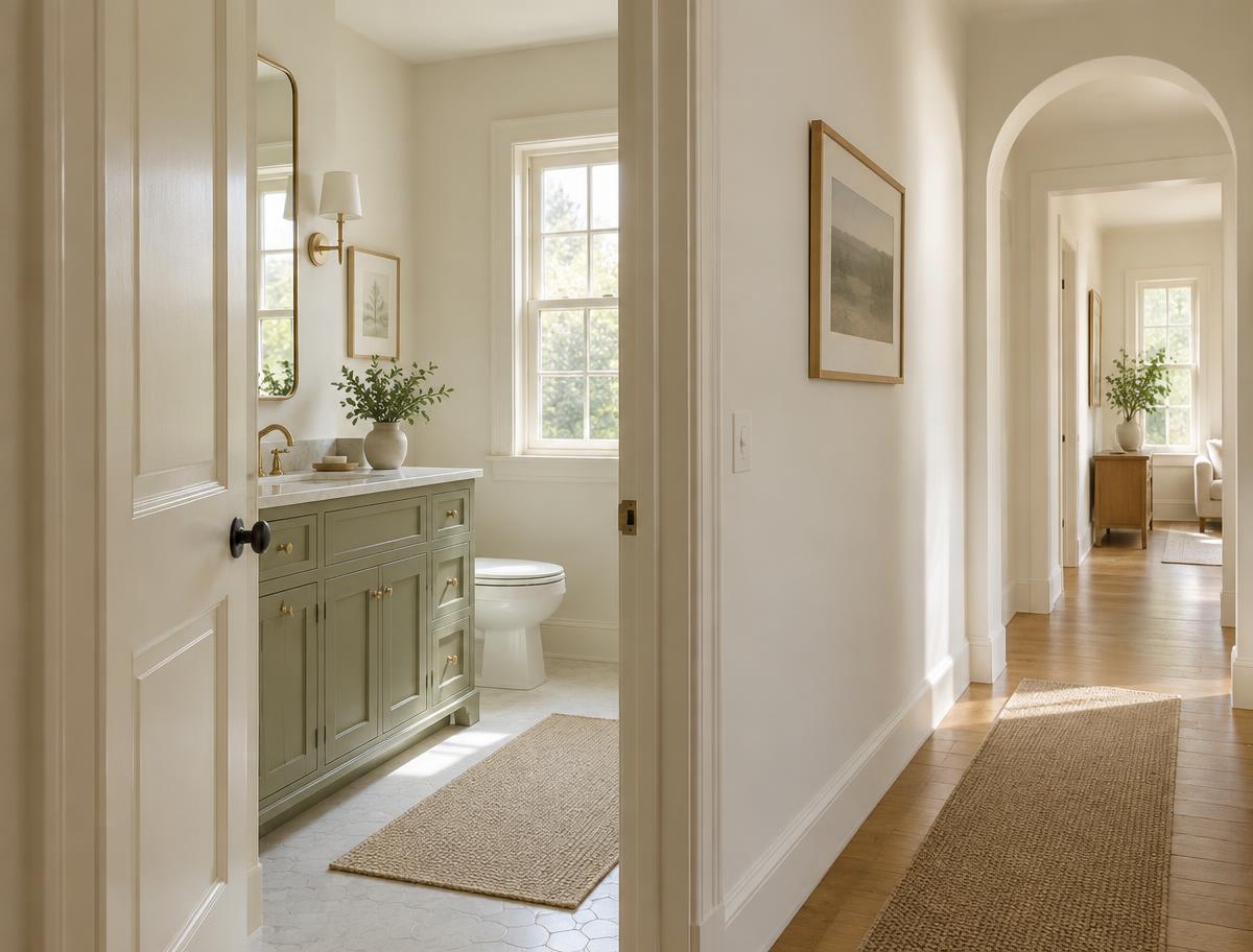 Bright bathroom doorway and uncluttered hallway
